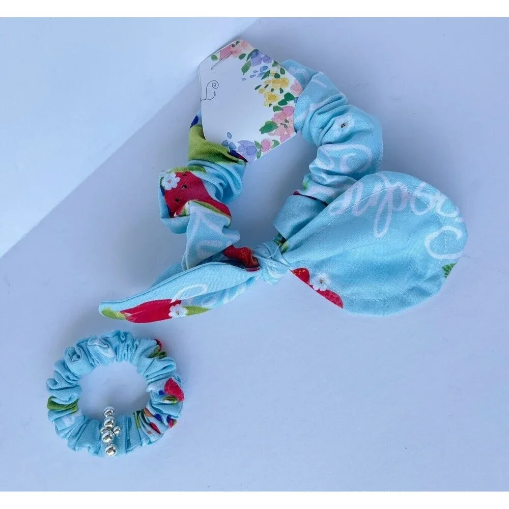 2 New Bow Scrunchie Hair Tie Blue Floral Cotton